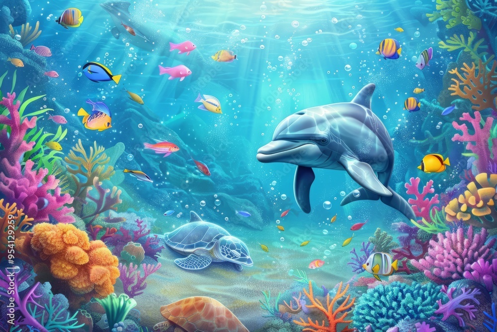 Fototapeta premium Playful underwater adventure with friendly sea creatures like dolphins, turtles, and colorful fish 