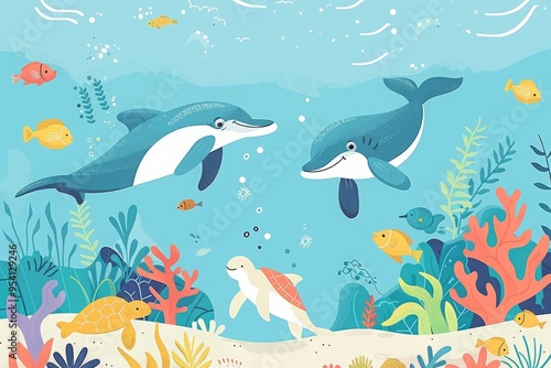 minimalistic cute illustration of playful underwater adventure with friendly sea creatures like dolphins, turtles, and colorful fish, for children  photo