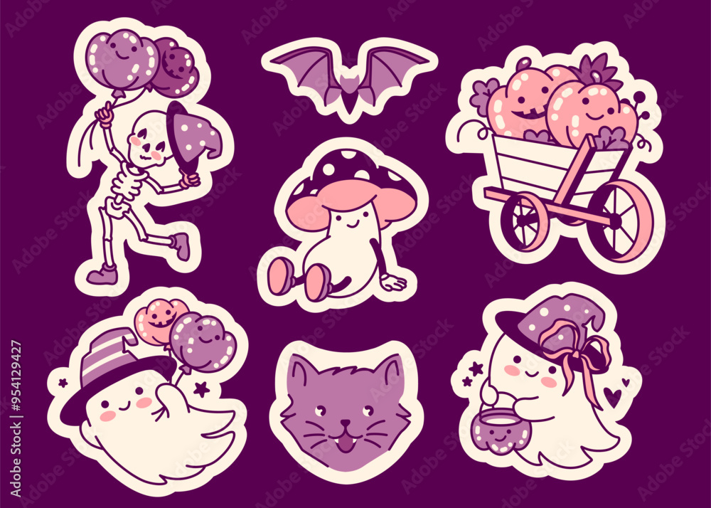 Fun stickers. Spooky and playful Halloween concept with cute mascot characters: skeleton with balloons, bat, mushroom, cat, and ghost witch with a cauldron. Enchanting sweet illustrations Fun stickers. Spooky and playful Halloween concept with cute mascot characters: skeleton with balloons, bat, mushroom, cat, and ghost witch with a cauldron. Enchanting sweet illustrations