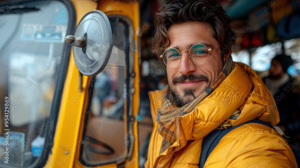 Smiling Man in Yellow Jacket and Glasses Looking Out of a Car Window Smiling Man in Yellow Jacket and Glasses Looking Out of a Car Window