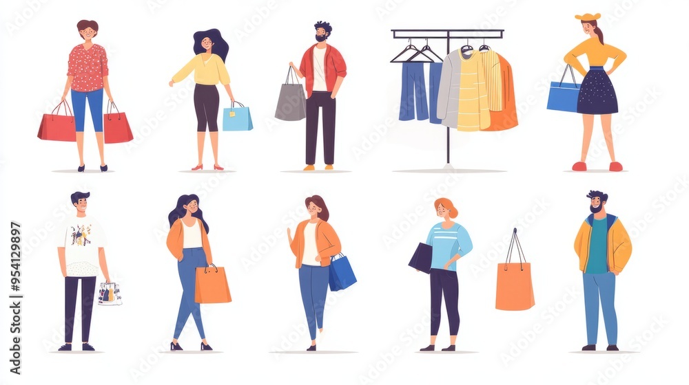 People shopping flat vector illustrations set. Happy boutique customers and friendly sellers cartoon characters. Clothing sale, consumerism concept. Garments shop, apparel retail business People shopping flat vector illustrations set. Happy boutique customers and friendly sellers cartoon characters. Clothing sale, consumerism concept. Garments shop, apparel retail business
