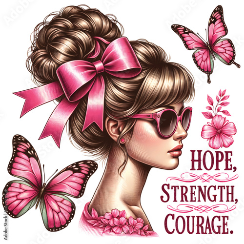 Hope , Strength , Courage. Breast Cancer Awareness Images. Perfect For Fight Against Breast Cancer Campaigns.