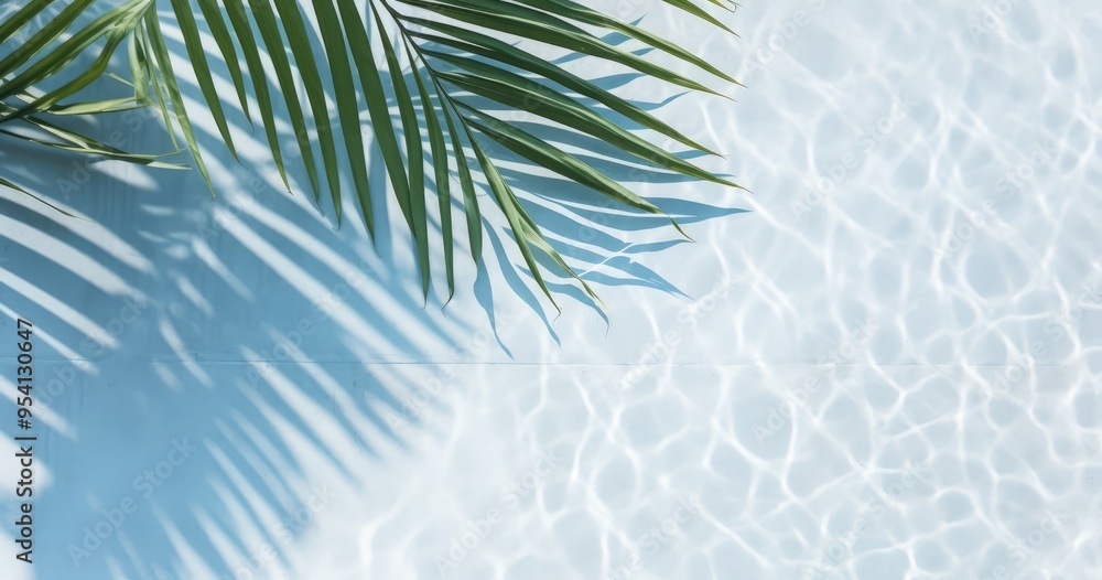 A tranquil scene featuring a palm leaf casting shadows on shimmering water. A tranquil scene featuring a palm leaf casting shadows on shimmering water.