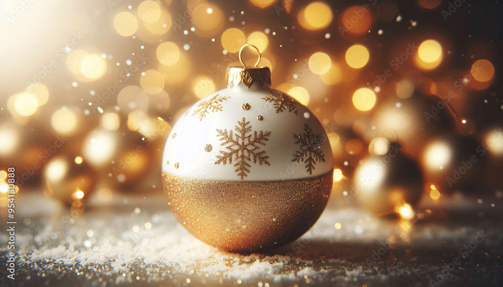 Silver Golden colored Christmas ball bauble with gold snowflake ornaments, all within a bokeh effect bright lights background, wallpaper illustration, marketing advertisement promotional image Silver Golden colored Christmas ball bauble with gold snowflake ornaments, all within a bokeh effect bright lights background, wallpaper illustration, marketing advertisement promotional image