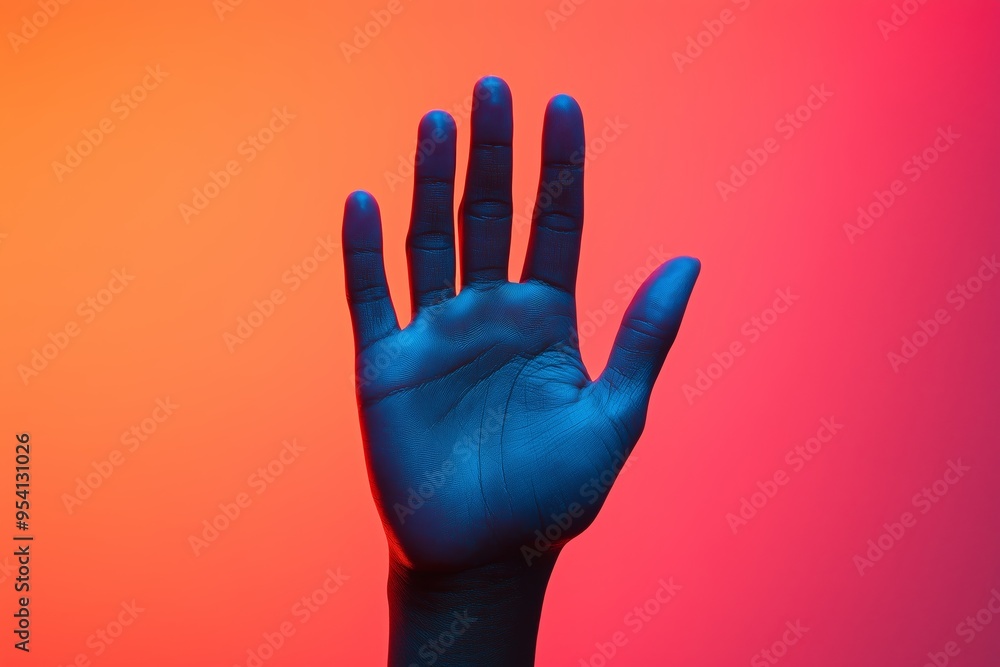 A striking image featuring a hand illuminated in vibrant blue against a warm gradient backdrop of orange and red. A striking image featuring a hand illuminated in vibrant blue against a warm gradient backdrop of orange and red.