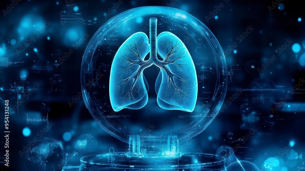 Holographic lungs in a glass sphere on a blue background. The medical concept of health protection Holographic lungs in a glass sphere on a blue background. The medical concept of health protection
