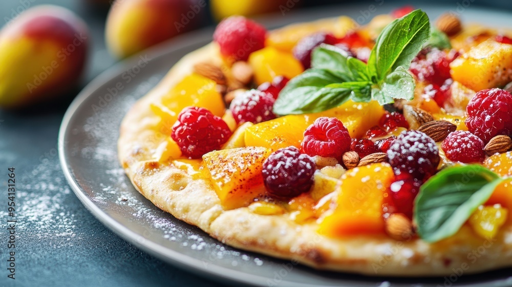 Fruity Pizza with Raspberries, Peaches, and Almonds. Generative AI. Fruity Pizza with Raspberries, Peaches, and Almonds. Generative AI.