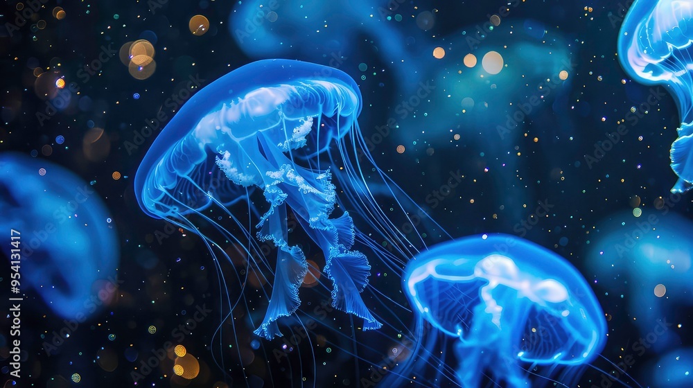 A close-up view of a jellyfish with long tentacles and a bell-shaped body, surrounded by sparkling lights and other jellyfish in the background. A close-up view of a jellyfish with long tentacles and a bell-shaped body, surrounded by sparkling lights and other jellyfish in the background.
