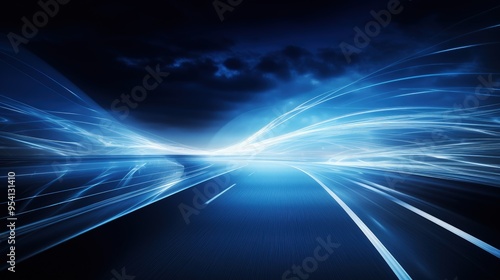A dynamic abstract representation of speed and motion with blue light trails on a dark background.