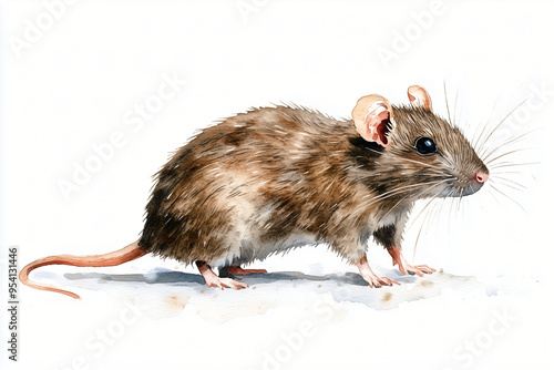 A detailed watercolor illustration of rat on white isolated background, showcasing its fur texture and features.