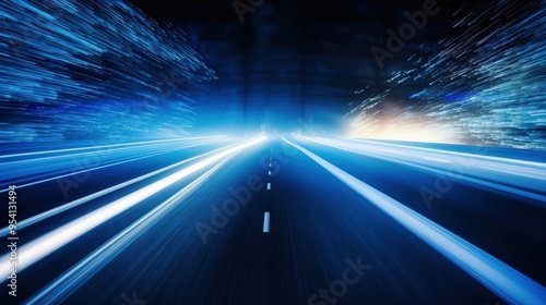 A futuristic road scene with dynamic light trails suggesting speed and motion.