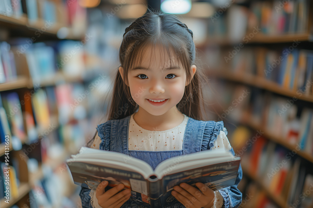 Fototapeta premium A young girl is standing in library, joyfully reading book with bright smile. warm atmosphere and colorful bookshelves create delightful scene.