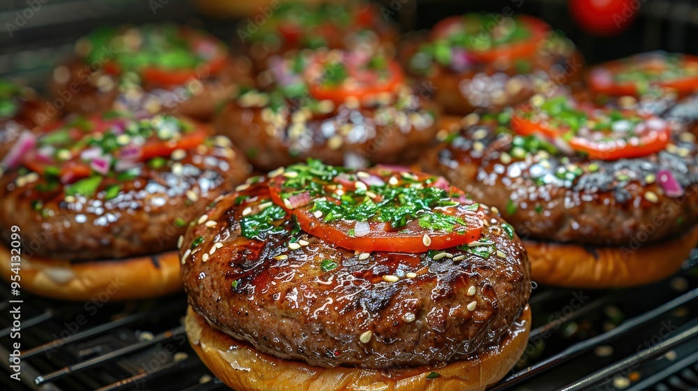 Close-up of Juicy, Glazed Burgers on a Grill Close-up of Juicy, Glazed Burgers on a Grill
