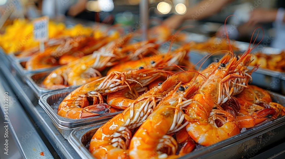 Fresh Cooked Prawns on Display at a Market Stall