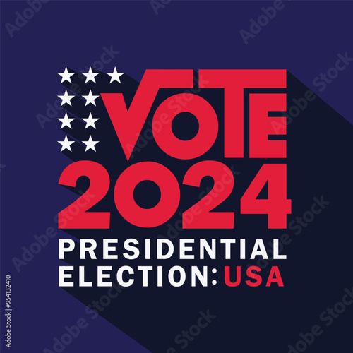 Vote 20224 presidential election logo for American political campaign banner, poster, flyer, greeting card. USA election vote logo, badge, sticker, label.  Voting 3d text logo with stars.