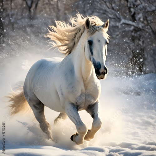 Galloping White Stallion Isolated on Transparent Background PNG.