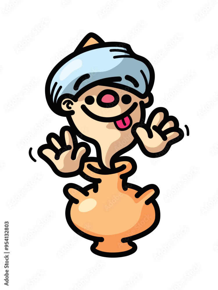 Funny smiling genie in pot waving his hands Funny smiling genie in pot waving his hands