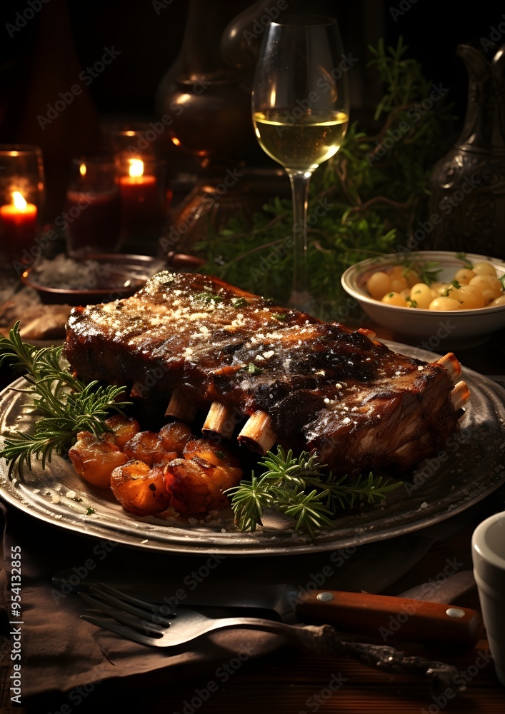 An elegant table set for dinner, showcasing succulent grilled ribs with roasted vegetables, fresh grapes, and a glass of white wine, offering a luxurious and mouthwatering culinary experience. An elegant table set for dinner, showcasing succulent grilled ribs with roasted vegetables, fresh grapes, and a glass of white wine, offering a luxurious and mouthwatering culinary experience.