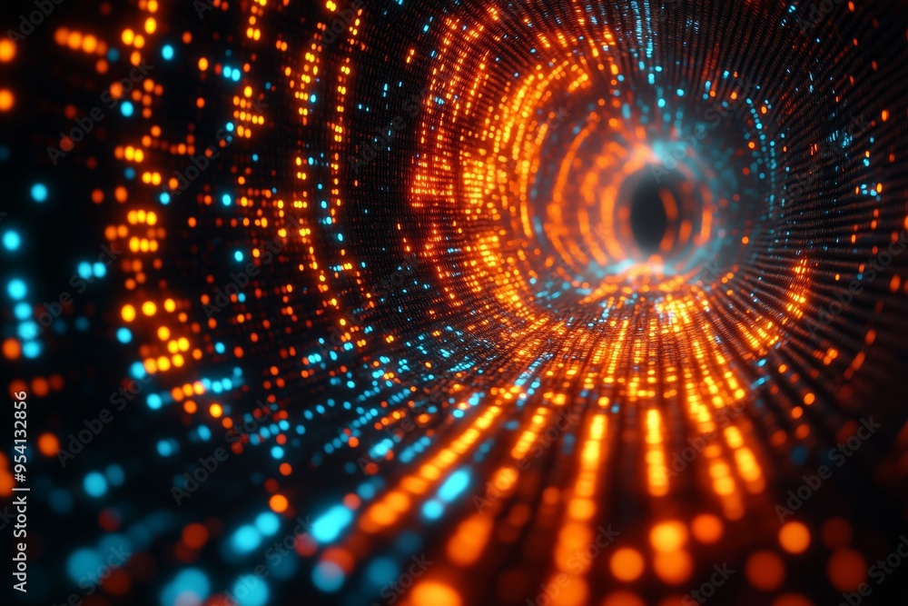 A dynamic and futuristic image of a digital data tunnel composed of glowing orange and blue dots. A dynamic and futuristic image of a digital data tunnel composed of glowing orange and blue dots.
