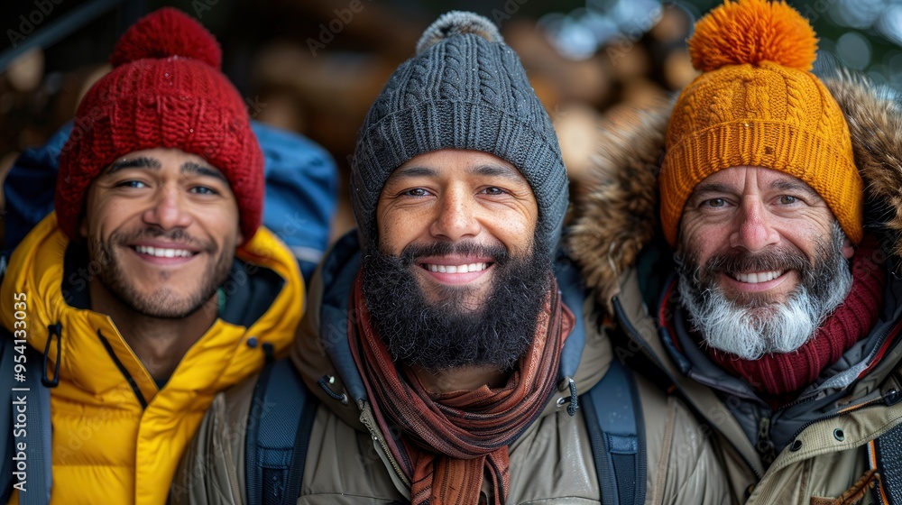 Three Smiling Men in Winter Gear Three Smiling Men in Winter Gear