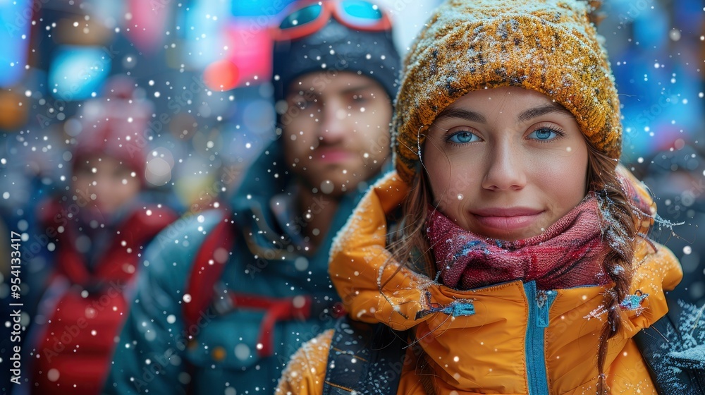 Woman in a Yellow Jacket Smiling at the Camera in a Snowy City Woman in a Yellow Jacket Smiling at the Camera in a Snowy City