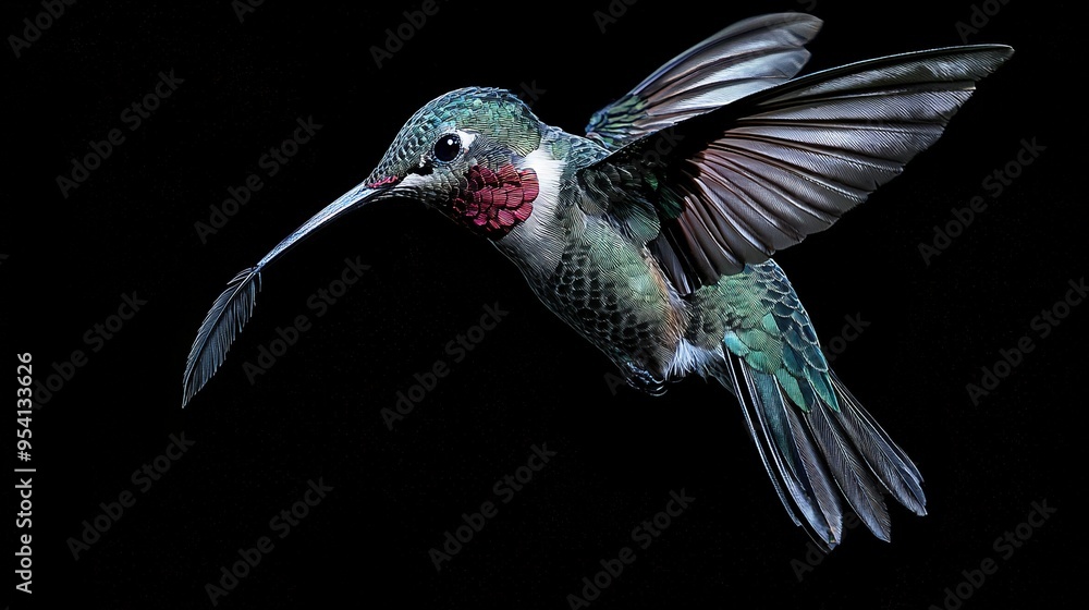 Fototapeta premium A hummingbird gracefully glides through the sky with its wings spread wide and beak aimed towards the earth below