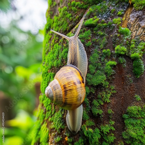 Un caracol trepando por una tronco de un árbol verde. En un día lluvioso  photo