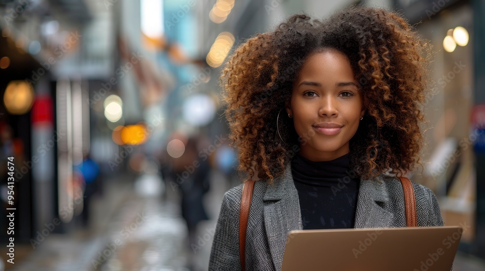 Young Black Woman Holding Laptop in City Street Young Black Woman Holding Laptop in City Street