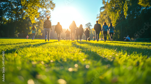 Fototapeta Naklejka Na Ścianę i Meble -  Silhouettes of People Walking on Grass in Sunset