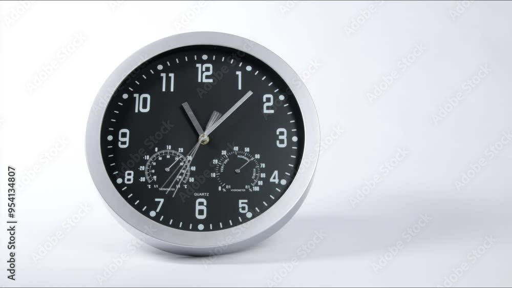 Timelapse of Modern Wall Clock with Thermometer and Hygrometer. A modern wall clock featuring a thermometer and hygrometer, captured in a timelapse showcasing the passage of time
Timelapse of Modern Wall Clock with Thermometer and Hygrometer. A modern wall clock featuring a thermometer and hygrometer, captured in a timelapse showcasing the passage of time