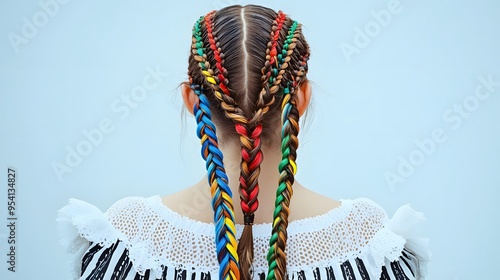 Back shot of brown-haired girl with zigzag parting and bright colorful kanekalons woven in classic braids. The lady is wearing white perforated dress with wide ruffle and black striped pattern.  photo