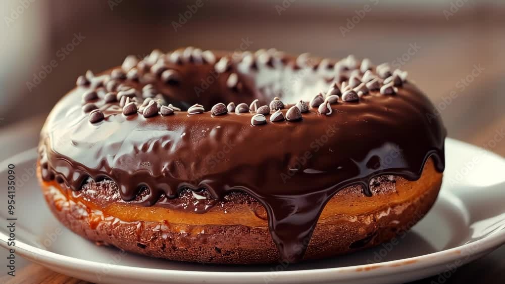Chocolate glazed donut with chocolate chips on a plate, sweet dessert indulgence Chocolate glazed donut with chocolate chips on a plate, sweet dessert indulgence