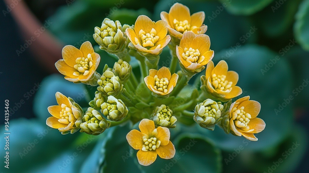 Fototapeta premium A yellow flower with green leaves in the background and a potted plant in the foreground