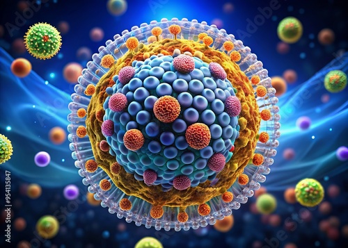 Illustration of a liposome, a spherical vesicle composed of phospholipid bilayers, encapsulating active ingredients for photo