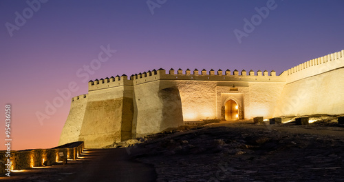 Rests of Agadir Kasbah or Oufla fortress in Agadir city in Morocco at sunset. Fortified quarter ruins on hill with viewpoint over seaside resort