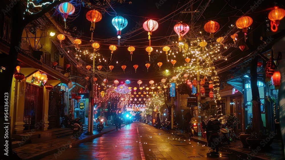 A night street in Asia with string lights and lanterns. A night street in Asia with string lights and lanterns.