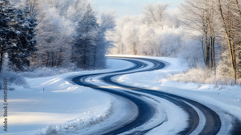 Curving Snowy Road Amidst Winter Landscape Curving Snowy Road Amidst Winter Landscape