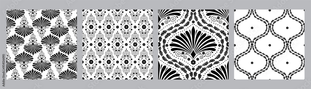 Obraz premium Set of 4 Seamless patterns with black anthemion floral shapes and ogee geometrical motifs on a white background. Monochrome classic abstract repeat wallpaper.