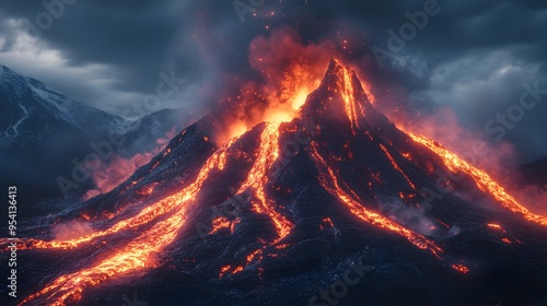 Erupting Volcano With Molten Lava Flowing Down Sides