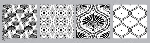 Set of 4 Seamless patterns with black anthemion floral shapes and ogee geometrical motifs on a white background. Monochrome classic abstract repeat wallpaper. photo