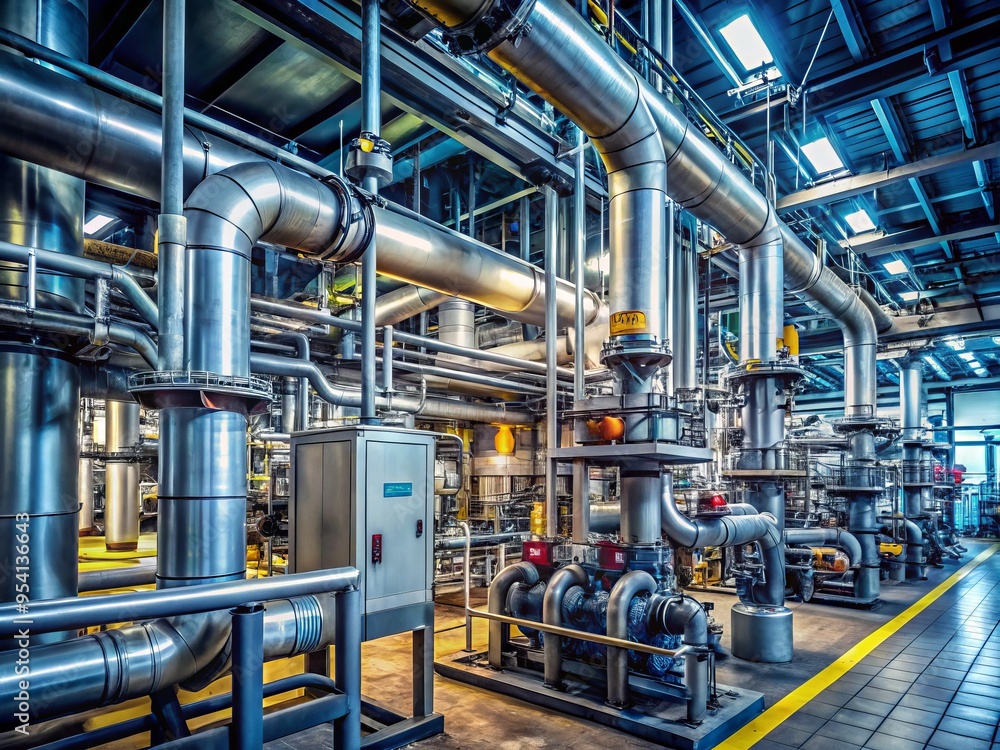Industrious factory interior with pipelines, gauges, and warning signs, emphasizing adherence to strict safety Industrious factory interior with pipelines, gauges, and warning signs, emphasizing adherence to strict safety