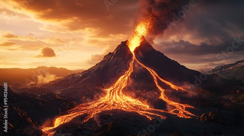 Erupting Volcano With Molten Lava Flowing Down Sides