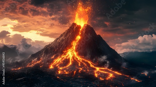 Erupting Volcano With Molten Lava Flowing Down Sides