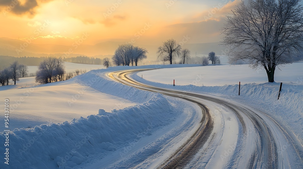 Curving Snowy Road Amidst Winter Landscape Curving Snowy Road Amidst Winter Landscape