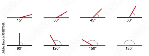 Set of angle degree signs. Collection of various protractor values icons. Geometric or trigonometric measurements. Mathematics symbols isolated on white background. Vector graphic illustration