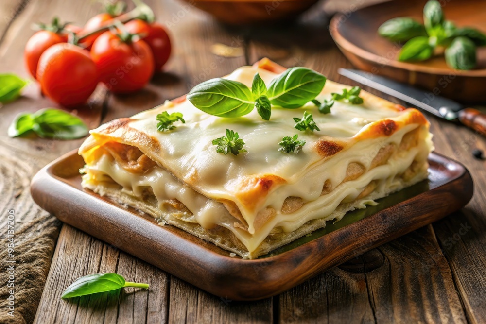 Creamy Dreamy White Lasagna Closeup on Wooden Table with Fresh Basil and Melted Mozzarella Cheese Creamy Dreamy White Lasagna Closeup on Wooden Table with Fresh Basil and Melted Mozzarella Cheese