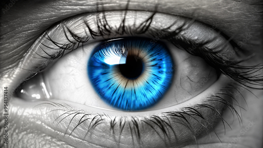 Obraz premium Black and white art image with a blue eye close-up.