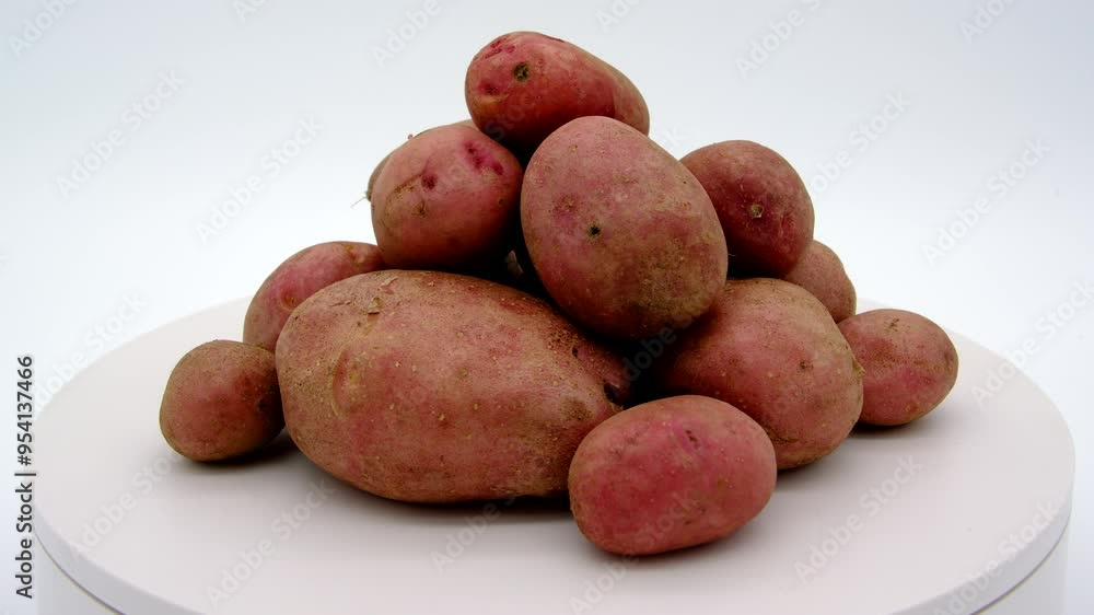 Pile of freshly harvested red potatoes from backyard or own grown organic garden spinning or rotating on turntable against white background Pile of freshly harvested red potatoes from backyard or own grown organic garden spinning or rotating on turntable against white background