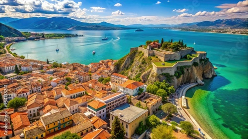 Fototapeta Naklejka Na Ścianę i Meble -  breathtaking aerial view of Nafplio's Venetian architecture and cobblestone streets surrounded by turquoise waters and lush green hills