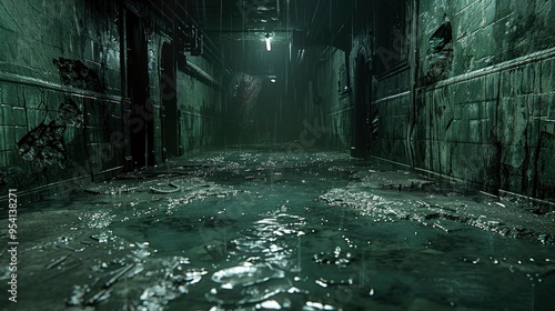 Dark and Abandoned Corridor with Water Puddles and Rain photo